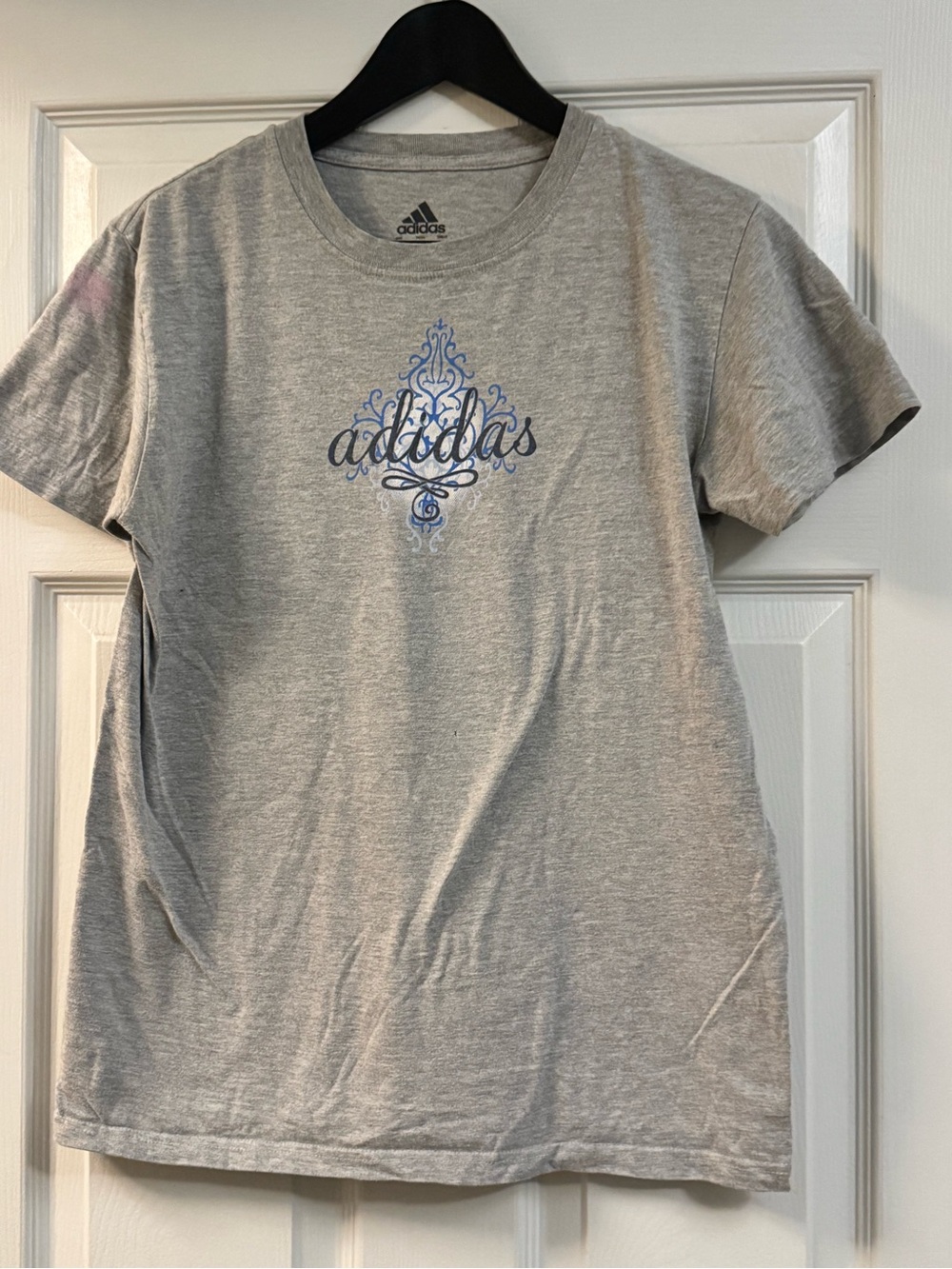 adidas Gray Short Sleeve Tee with Blue Script Logo
